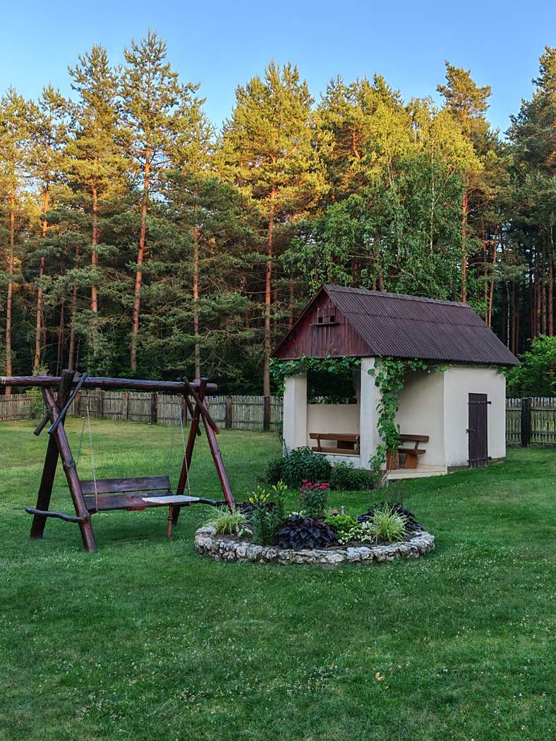 Altana i huśtawka na tle lasu