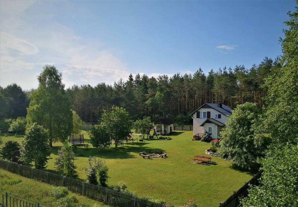 Widok na teren i dom otoczony lasem